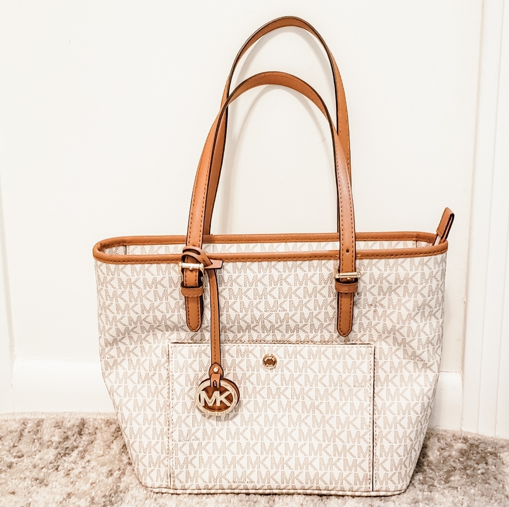 Cream & Leather Logo Purse w/ Gold Charm